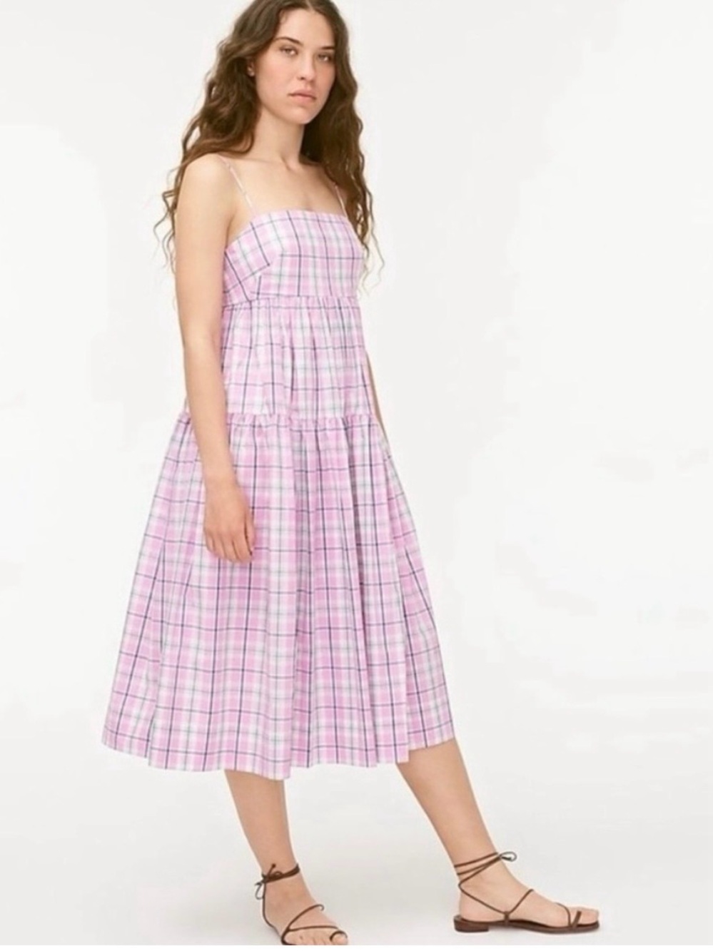 J.Crew Tie-Back Tiered Poplin Pink Plaid Midi 100% Cotton Sun Dress size 14